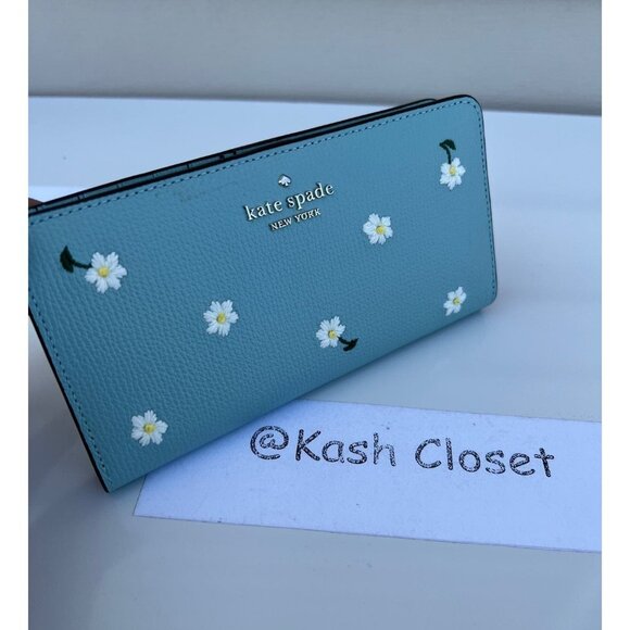 Kate Spade wallet large slim bifold embroidered wallet aphrodite green - Picture 1 of 6